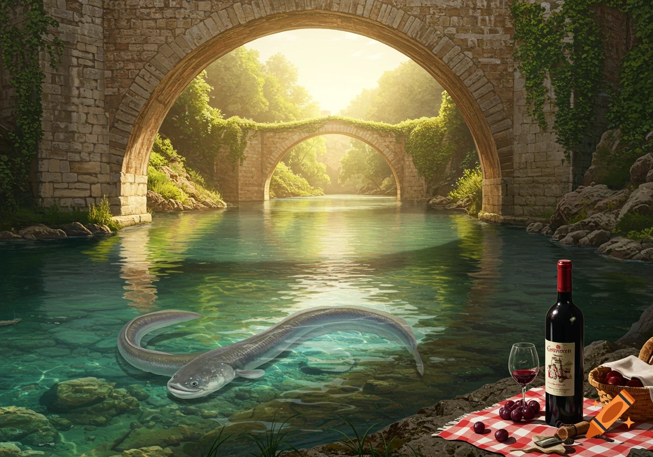 A serene river flows under an old stone bridge, with sunlight filtering through lush green trees. A large eel swims in the clear water. On the right, a picnic blanket with a bottle of red wine, a glass, grapes, and a bread basket sits on the rocky bank.