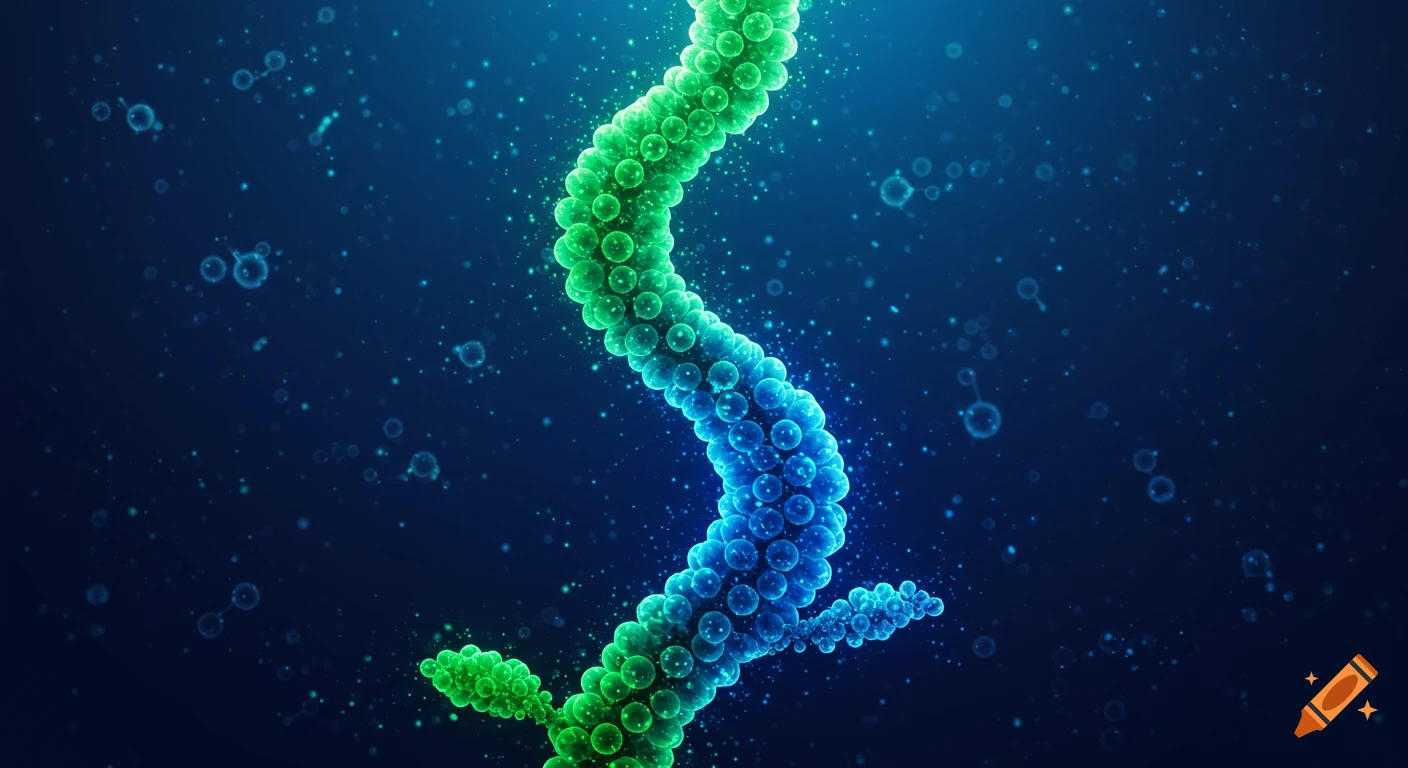 A glowing, winding structure of green and blue spheres, resembling DNA or a beanstalk, against a dark blue background with particles.