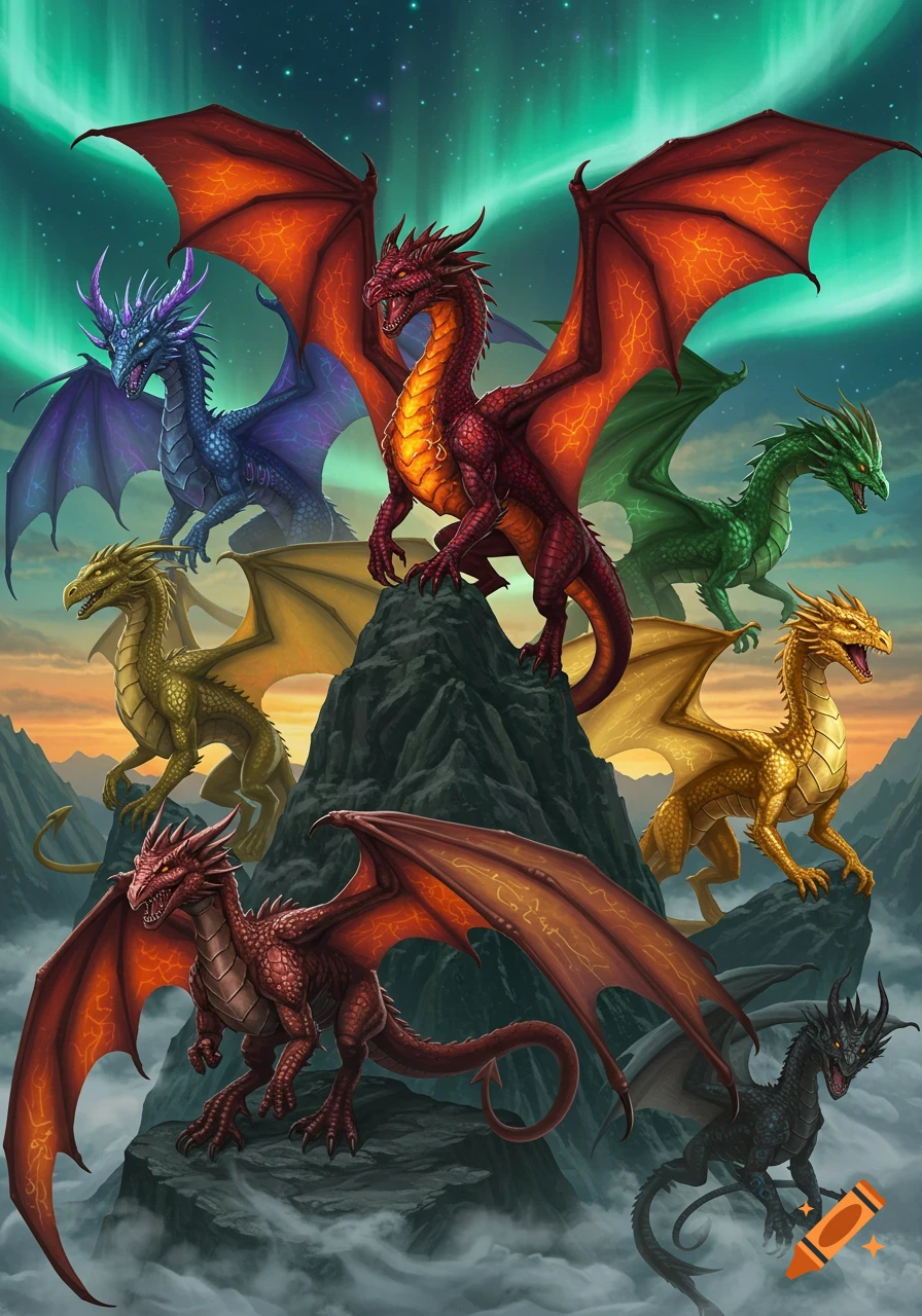Multiple colorful dragons of various sizes perched on rocky mountains and flying under a sky with aurora borealis and a sunset in a vibrant fantasy illustration.