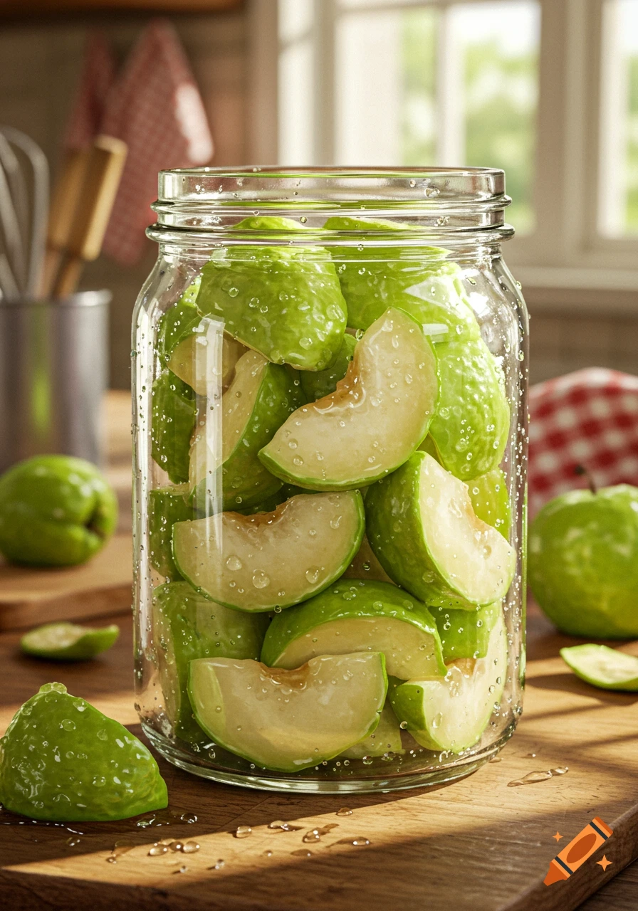 Photorealistic image of a glass jar filled with wet green fruit slices on a wooden kitchen counter, with whole fruits nearby.