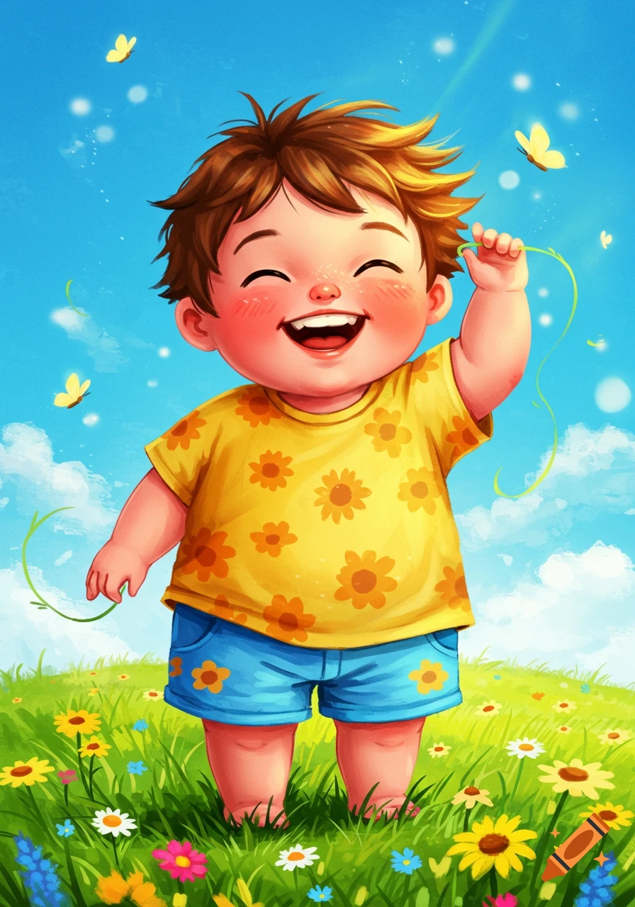 A happy, laughing cartoon child in a yellow floral shirt and blue shorts stands in a field of colorful flowers with butterflies.