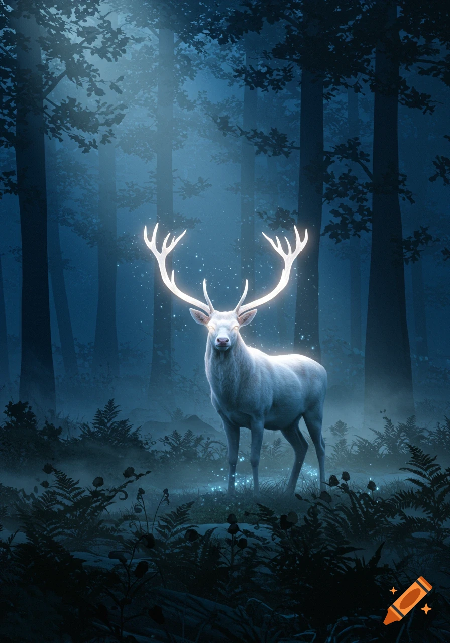 A glowing white stag with large antlers stands in a misty, dark blue twilight forest.