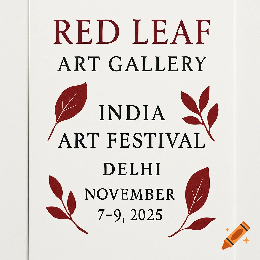 A white flyer for Red Leaf Art Gallery India Art Festival in Delhi, November 7-9, 2025, featuring red leaf illustrations.