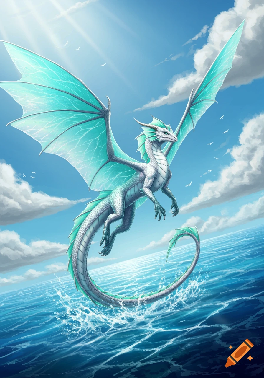 A white and teal dragon with large wings flies over a bright blue ocean, its tail splashing in the water under a sunny sky.