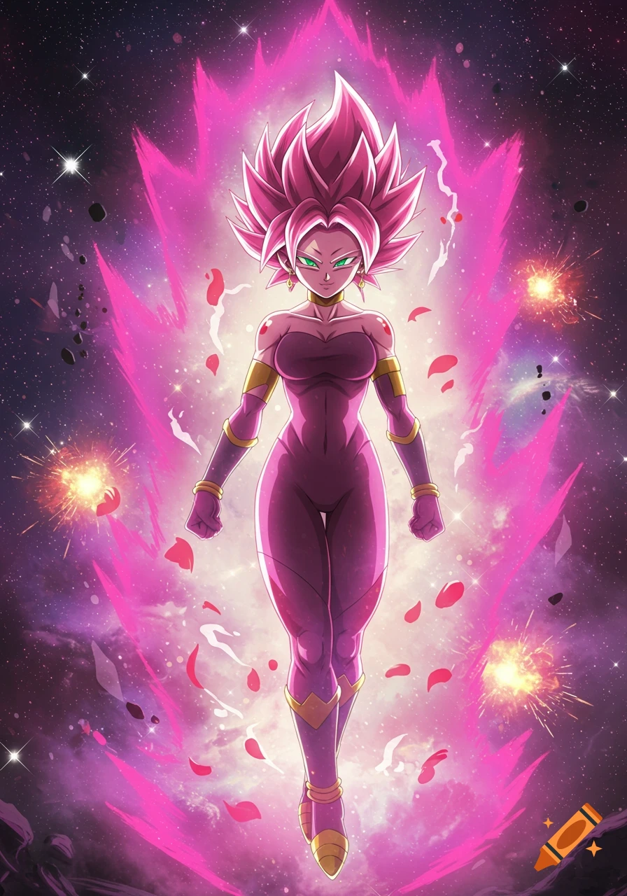 Anime female Super Saiyan character with spiky pink hair, glowing pink aura, and a purple bodysuit, standing in space amidst stars and energy.