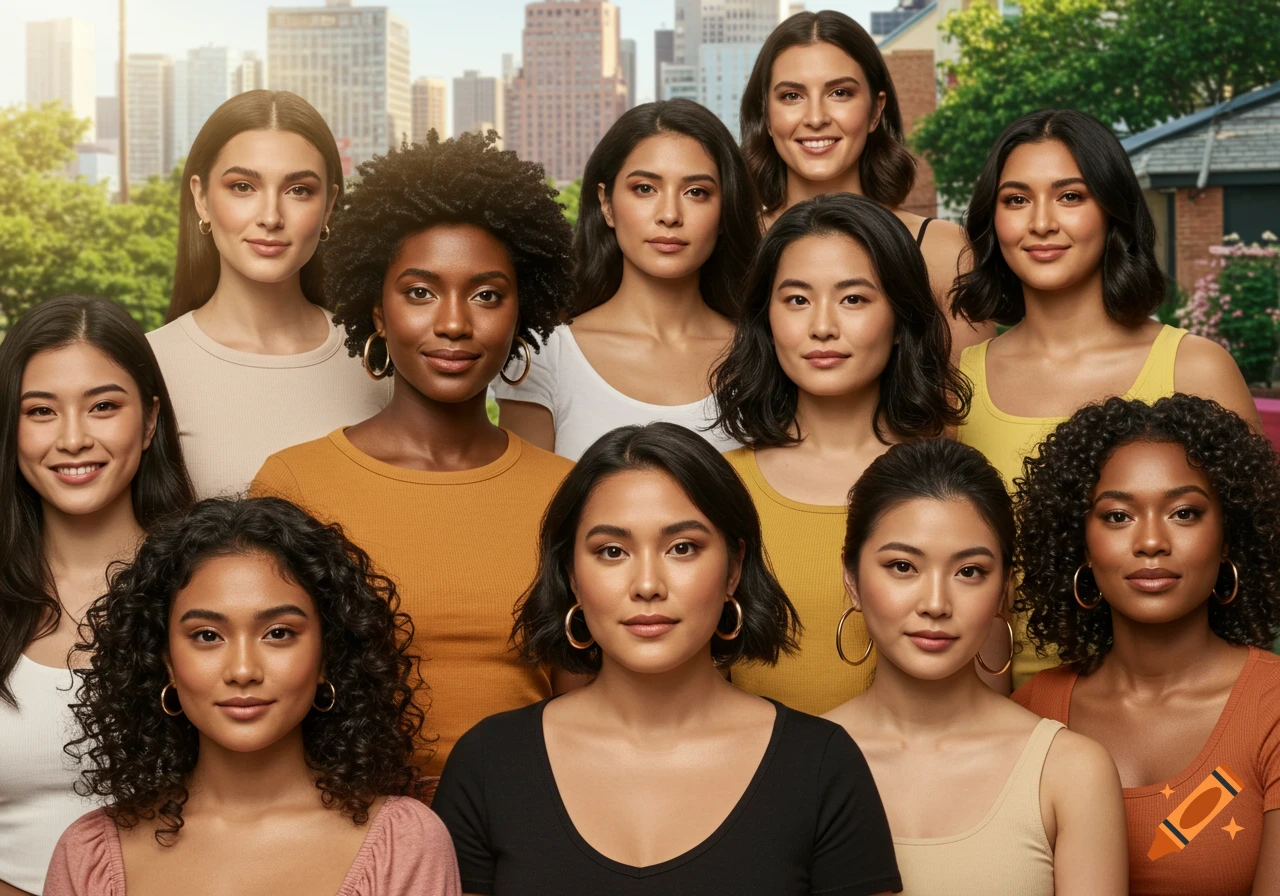 Group portrait of diverse women of various ethnicities and hair types, smiling against a city skyline and green park.