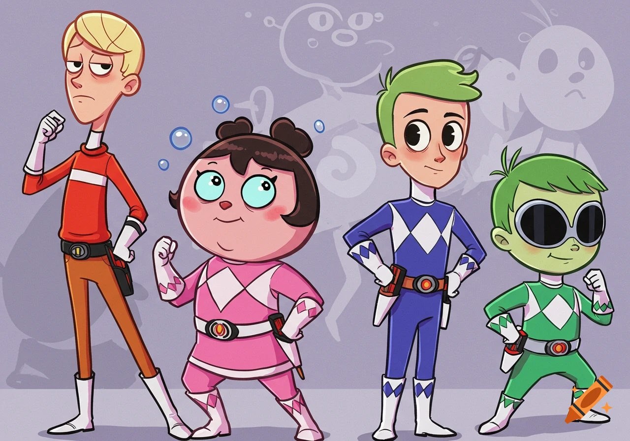 Four cartoon characters in Power Ranger costumes; a tall blonde man in red, a round woman in pink, a boy with green hair in blue, and a green creature with goggles in green.