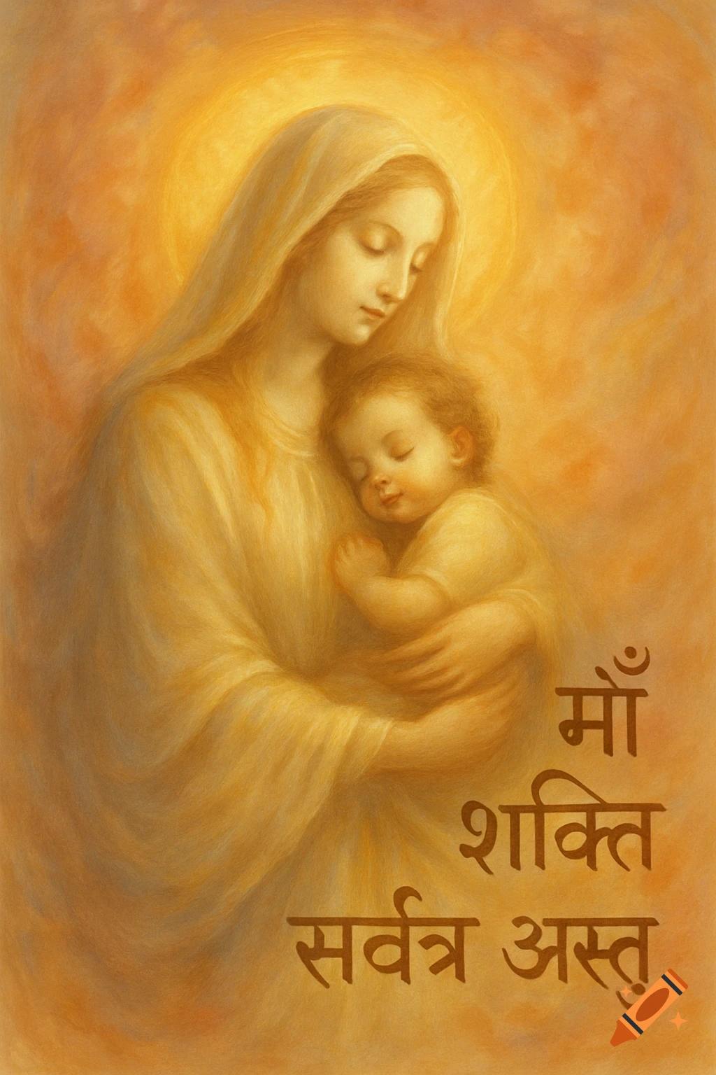 Painting of a serene divine mother holding a sleeping baby in a warm golden glow, with Hindi text.