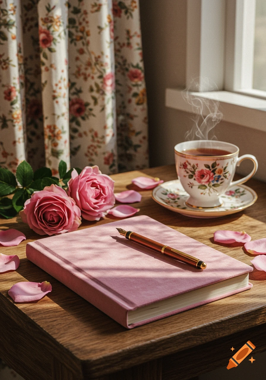 A pink notebook, fountain pen, and pink roses on a wooden table next to a steaming cup of tea by a window with floral curtains.