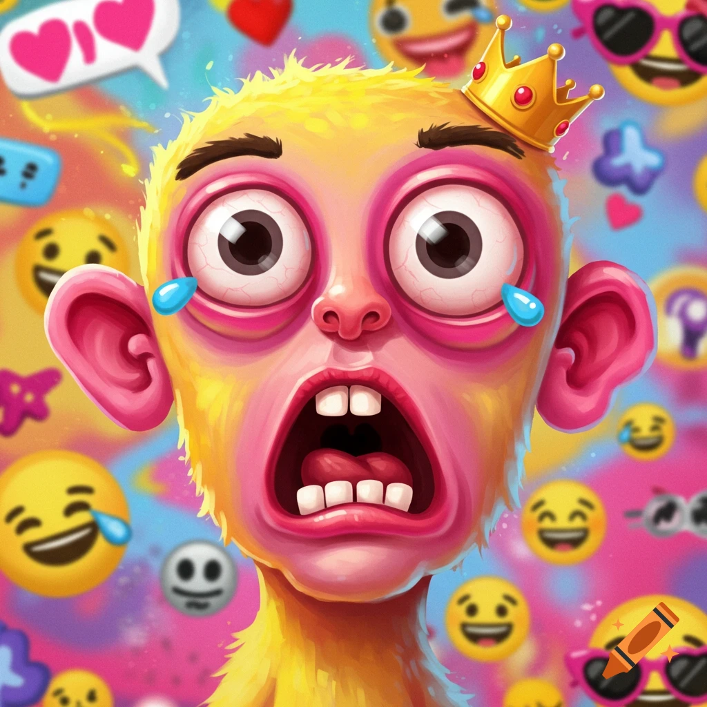Vibrant cartoon of a yellow, monkey-like creature with wide, bloodshot eyes, open mouth, crying a blue tear, wearing a crown, surrounded by colorful emojis.