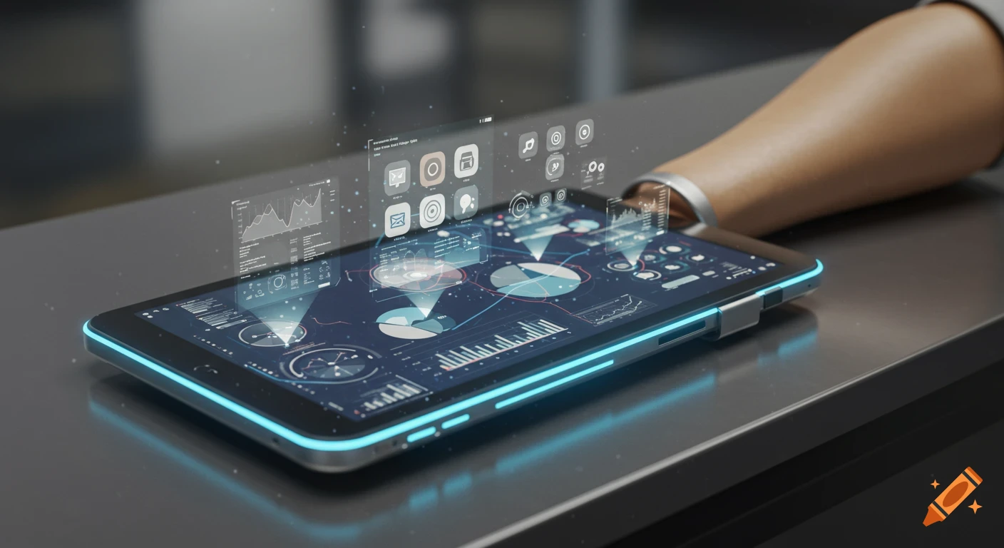 A futuristic wearable tablet on a forearm displays holographic data visualizations and app icons.