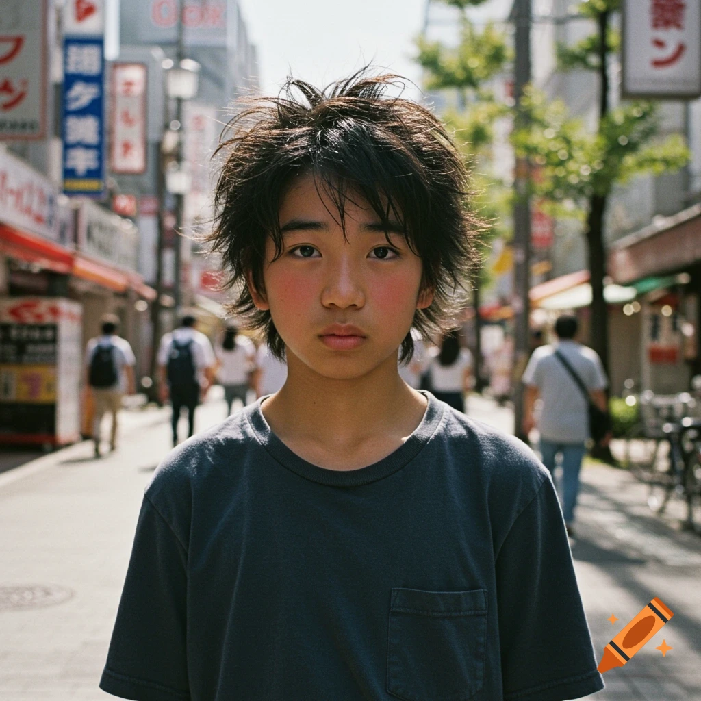 A boy with messy hair looks forward in a bustling Japanese street.
