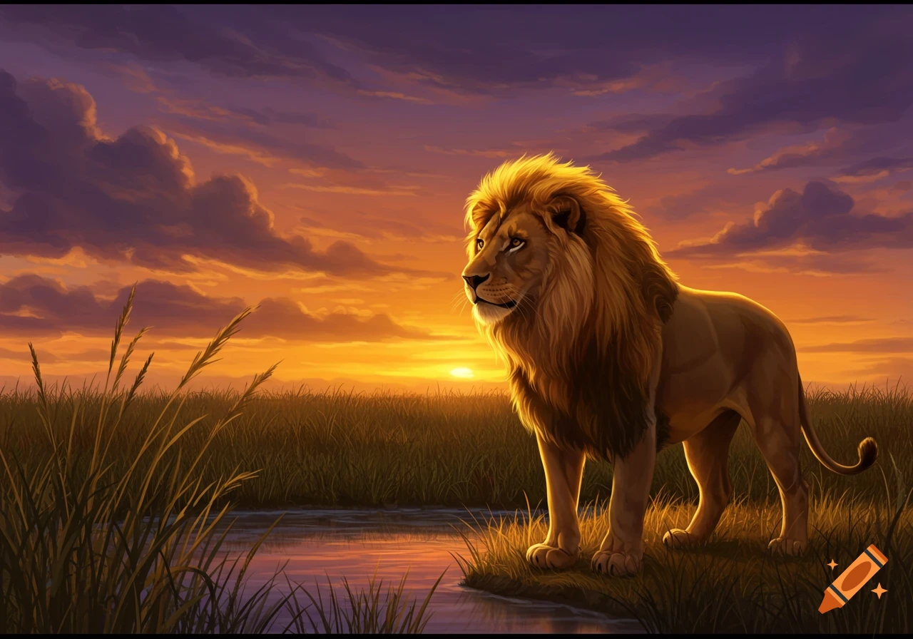 A majestic lion with a golden mane stands by a small pond in a grassy field, silhouetted against a vibrant orange and purple sunset sky in a digital painting style.