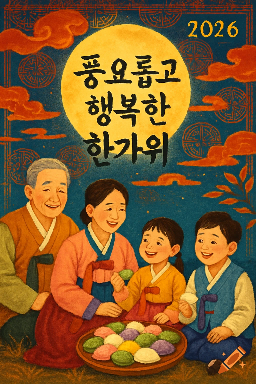A stylized illustration of a Korean family in hanbok celebrating Chuseok under a full moon with songpyeon.