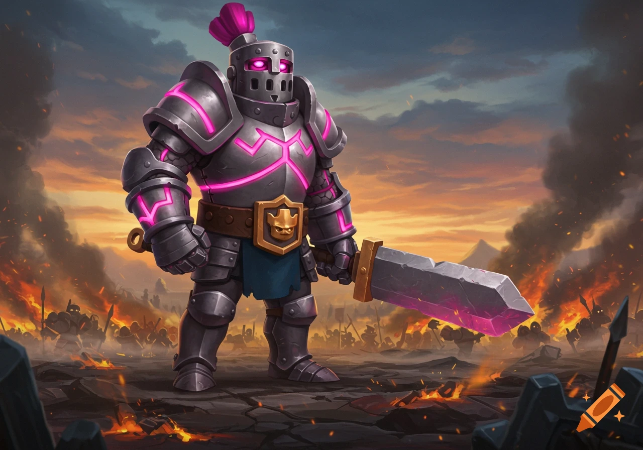 A cartoonish knight in gray armor with glowing pink accents, holding a large sword, stands on a fiery battlefield at sunset.