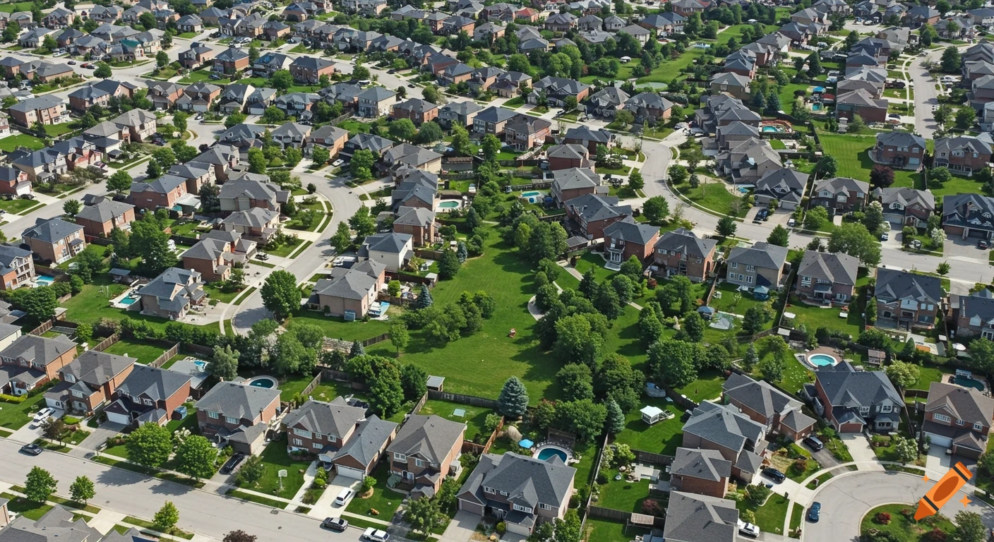 Aerial view of a sprawling residential neighborhood with many houses, green spaces, and winding streets on a sunny day.