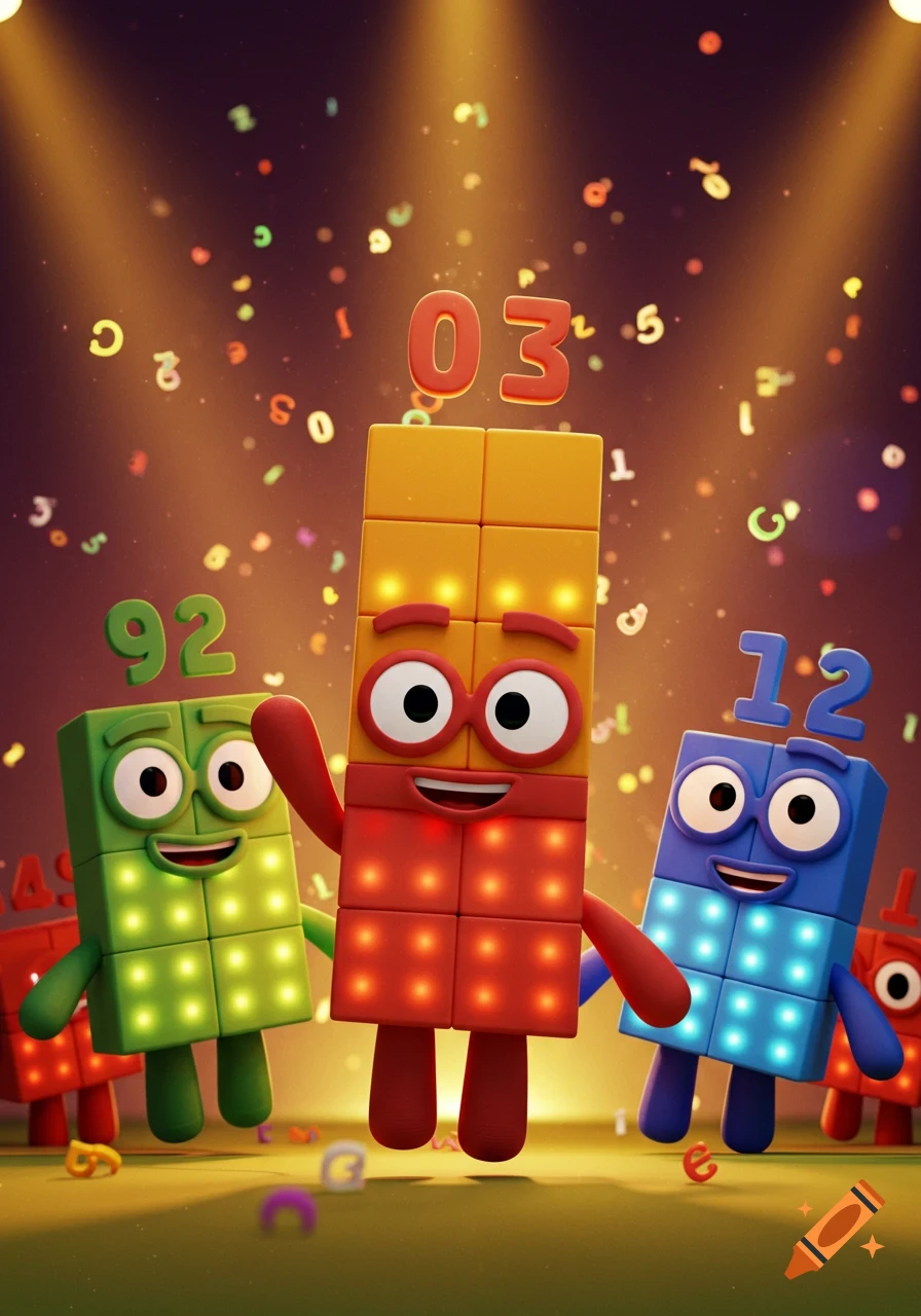 Three animated Numberblocks characters, green "92", orange "03", and blue "12", stand under spotlights with confetti numbers falling.