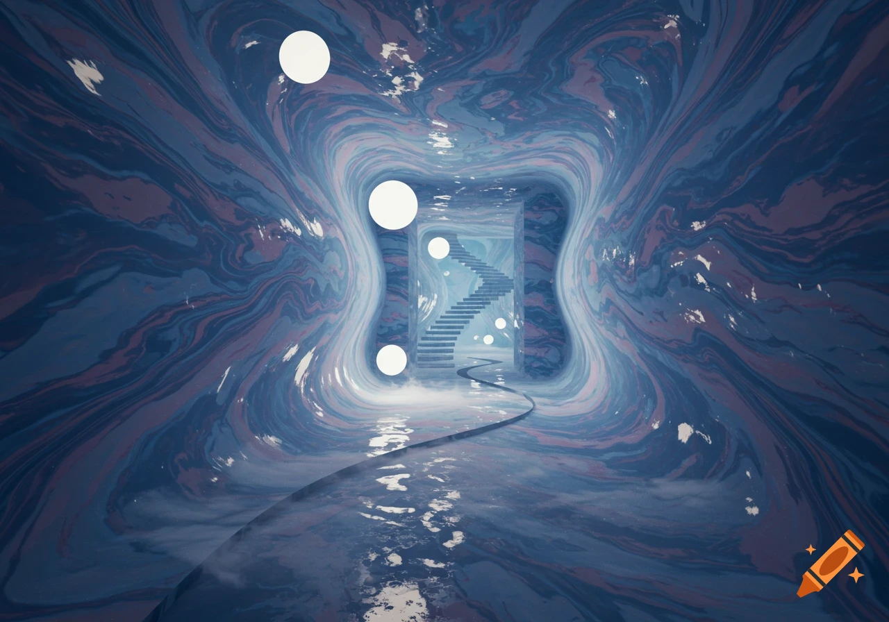 A surreal, marbled blue tunnel with a reflective floor, glowing white orbs, and a winding staircase in the distance.