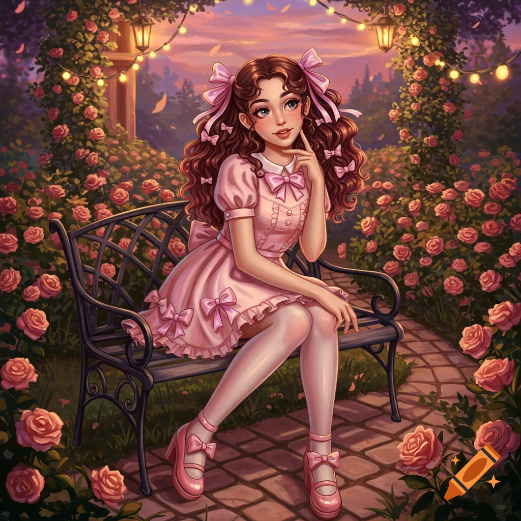 A whimsical illustration of a coquette girl in a pink dress with bows, sitting on a bench in a rose garden at sunset.