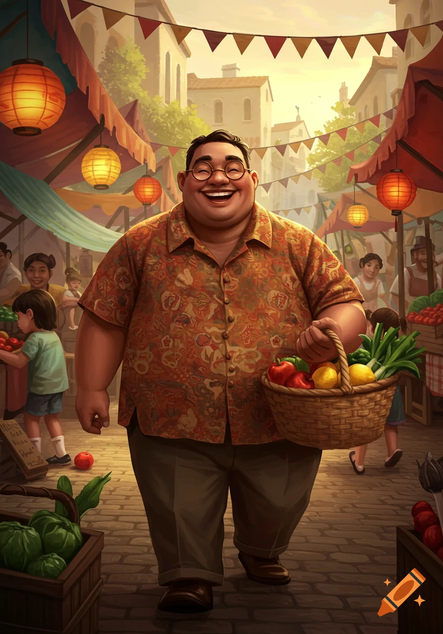 A cheerful, overweight man with glasses holds a basket of produce while smiling in a bustling, colorful outdoor market scene.