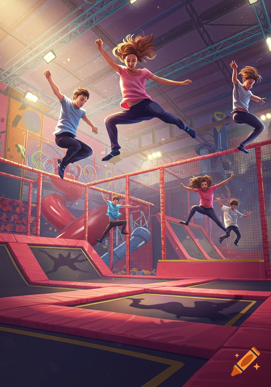 Joyful people of all ages jump on red trampolines in a brightly lit indoor park, depicted in a vibrant illustration.