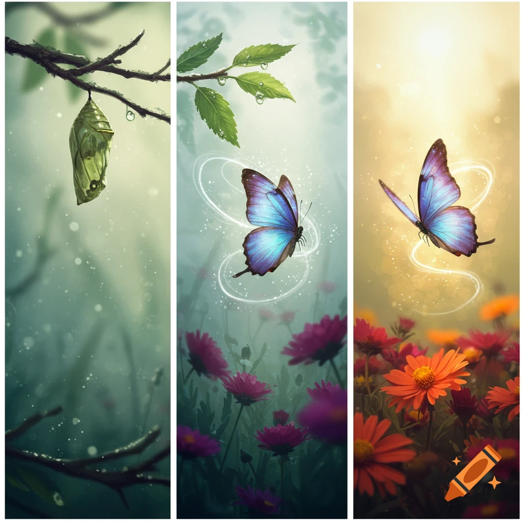 Three-panel illustration depicting a butterfly's metamorphosis: a chrysalis on a branch, a blue butterfly above purple flowers, and another above orange flowers.