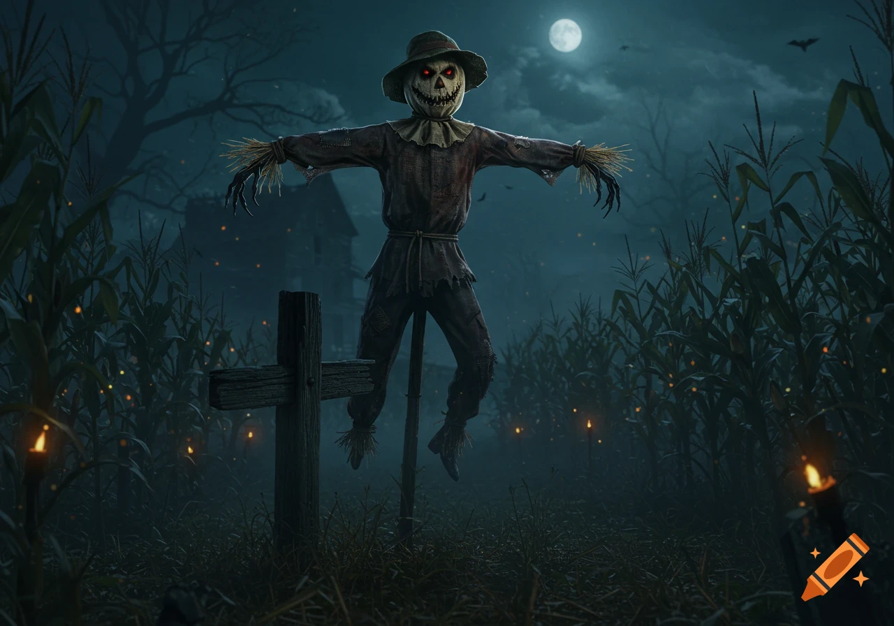 A wicked scarecrow with glowing red eyes stands in a dark cornfield under a full moon, with a haunted house in the background.