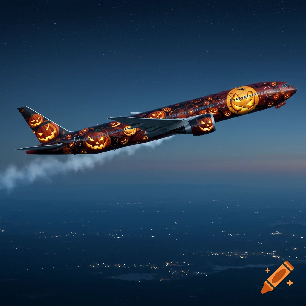 A photorealistic Halloween-themed B777 airplane with glowing jack-o'-lanterns flying at night over city lights.