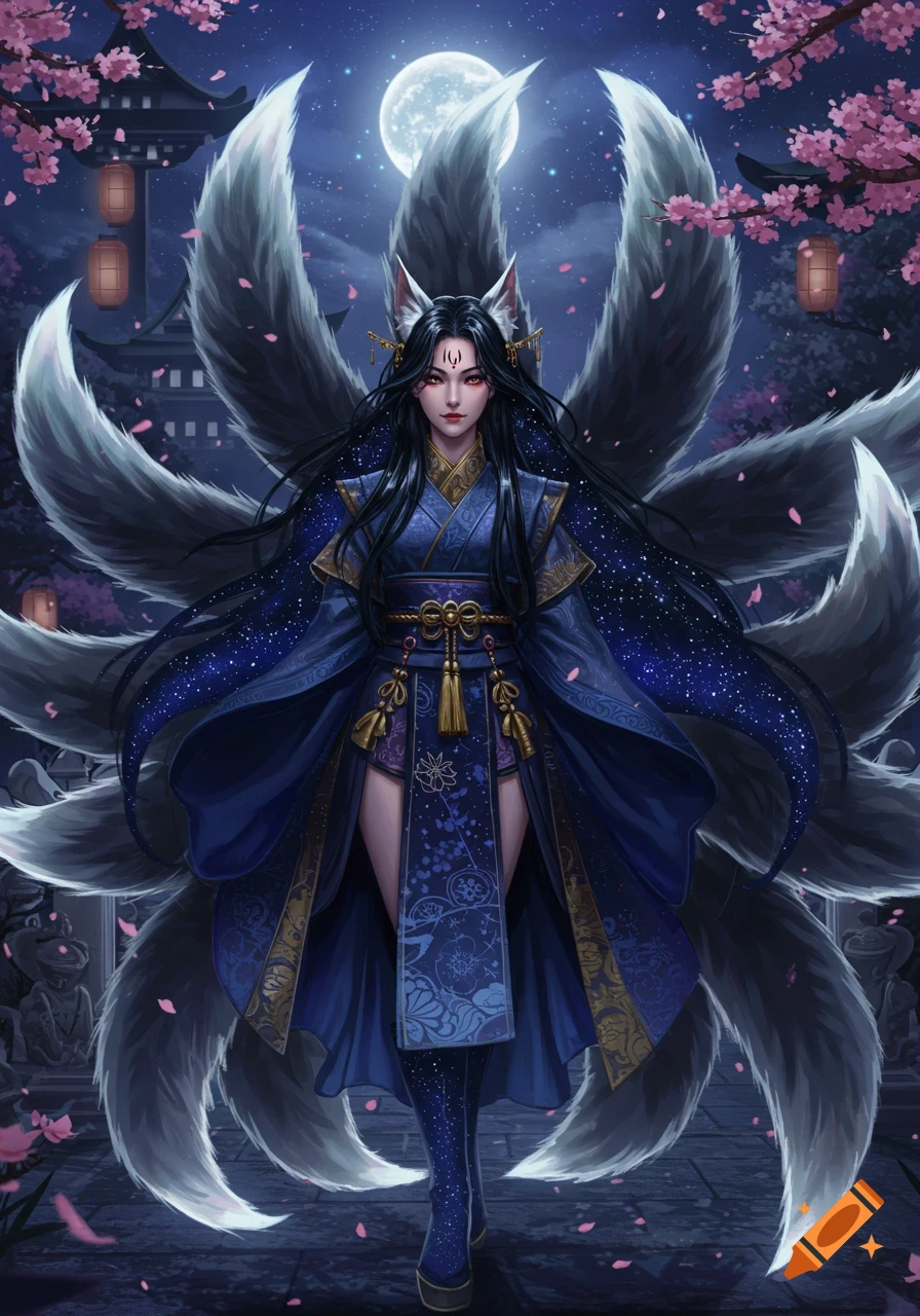 A kitsune woman with starry black hair, fox ears, and many white tails stands in a blue kimono under a full moon with cherry blossoms.
