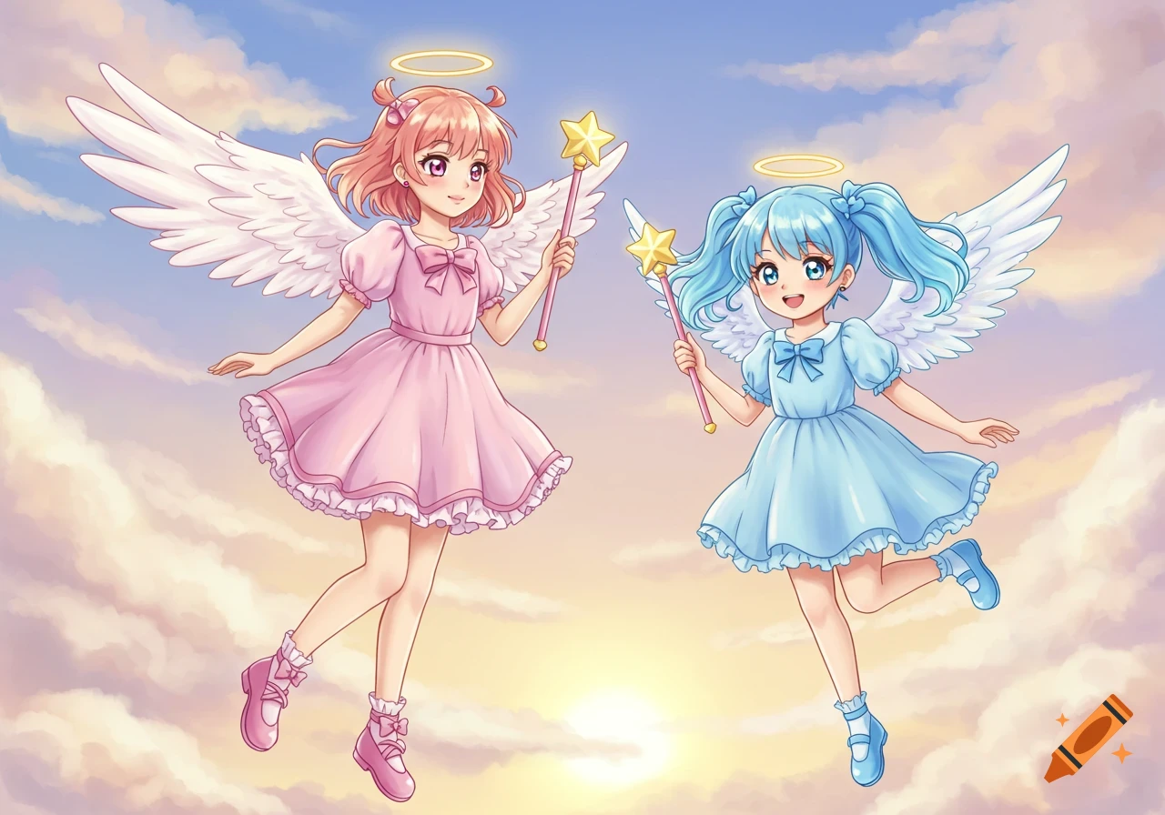 Two cute anime angel girls, one in pink and one in blue, float in a pastel sky, holding star wands.