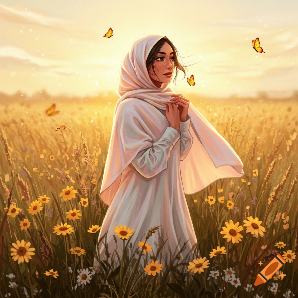 Digital painting of a woman in a white headscarf and dress, standing in a field of yellow and white flowers at sunset, with butterflies fluttering around her.