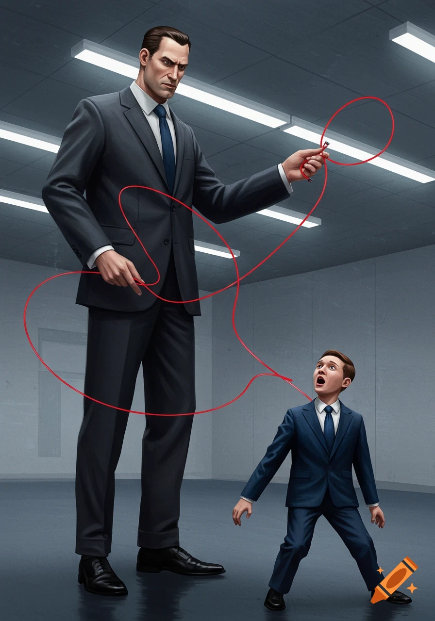 A very tall man in a dark suit lassos a tiny, frightened man in a dark suit with a red wire in a minimalist room.