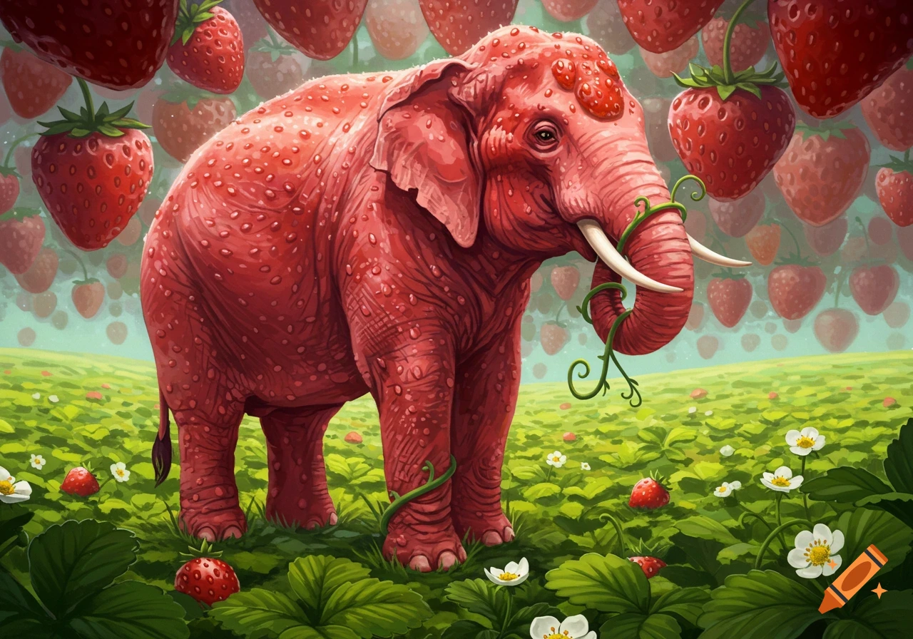 A vibrant red elephant with strawberry-textured skin and seeds stands in a green field filled with strawberries, under hanging strawberries.