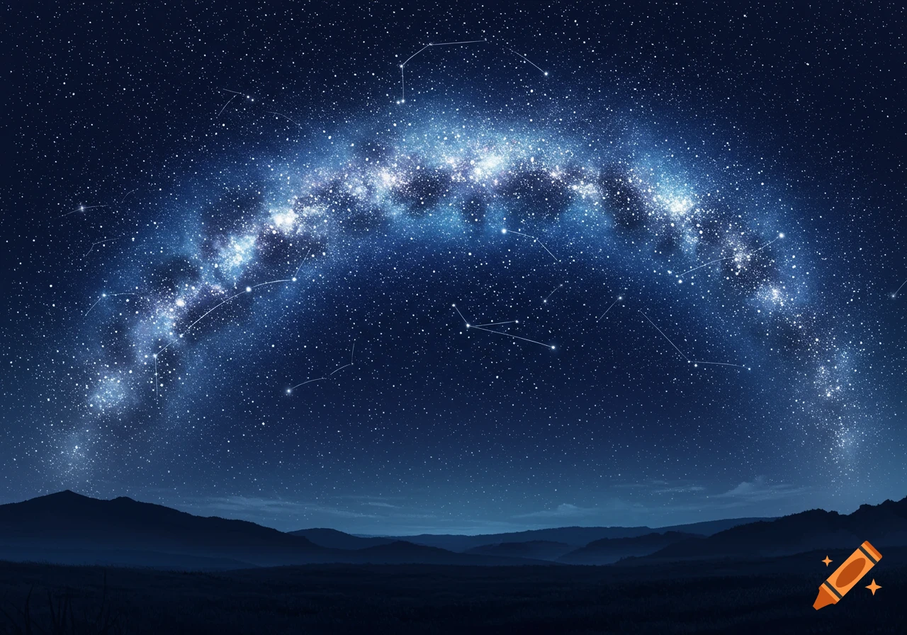 A brilliant, arcing Milky Way illuminates a dark blue night sky above silhouetted mountains.