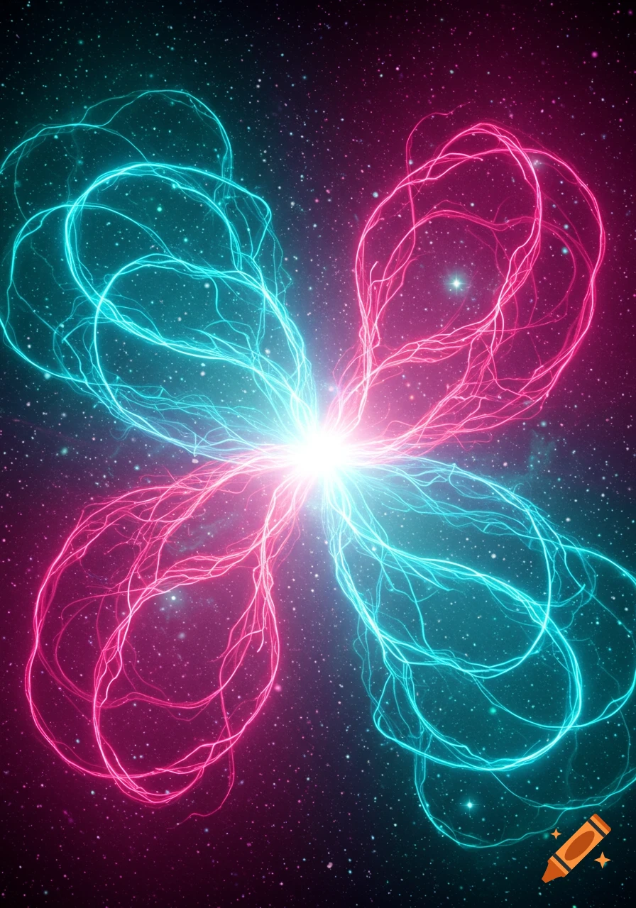 Bright cyan and magenta glowing energy tendrils emanate from a central light against a dark, starry space background, forming an abstract pattern.