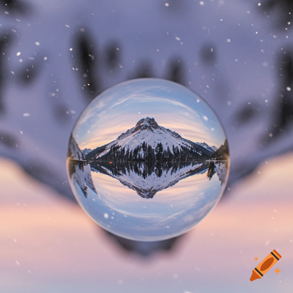 Transparent crystal ball reflecting an upside-down snowy mountain and trees, with falling snow and a blurry winter sunset background.
