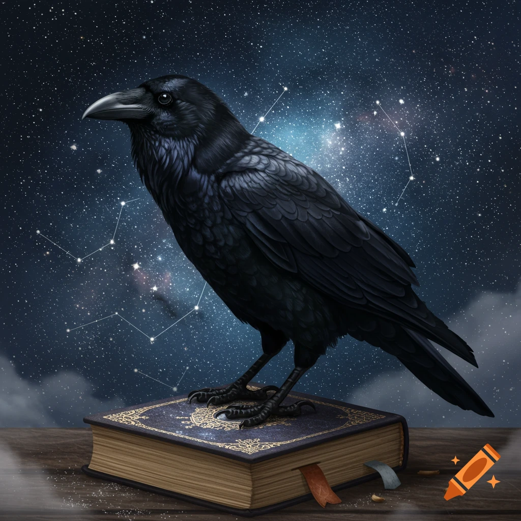 A detailed dark raven stands on an ornate, closed book, set against a dark blue starry night sky with constellations.