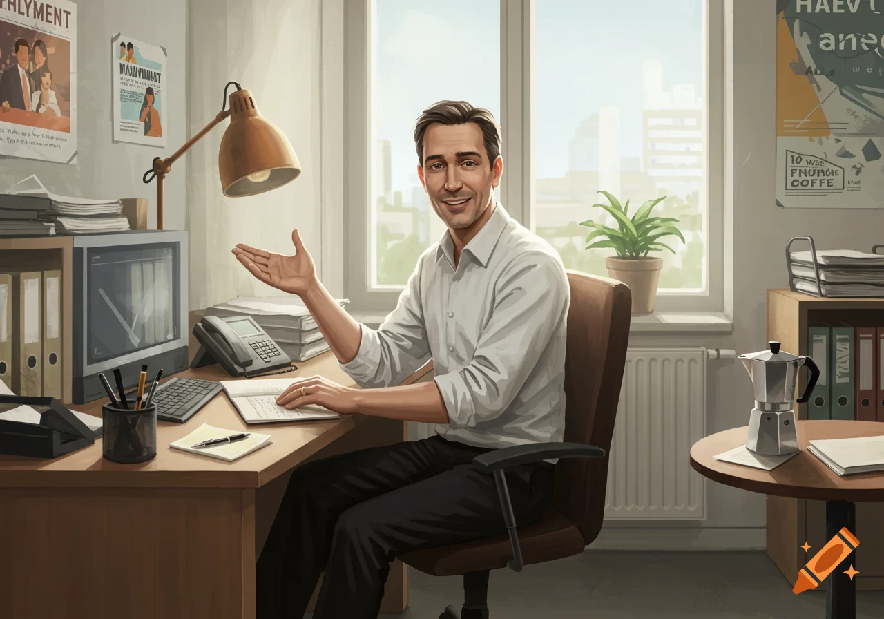 An illustration of a smiling average guy sitting at a desk in an office, gesturing with his hand. Sunlight streams through a window behind him.