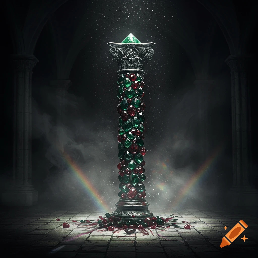 An ornate column covered in red and green jewels stands in a dark, arched chamber, with scattered gems and red liquid on a tiled floor.