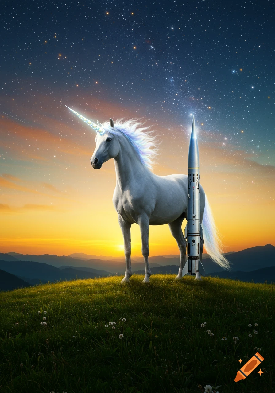 A photorealistic image of a white unicorn standing on a grassy hill next to a missile at sunset under a starry night sky.