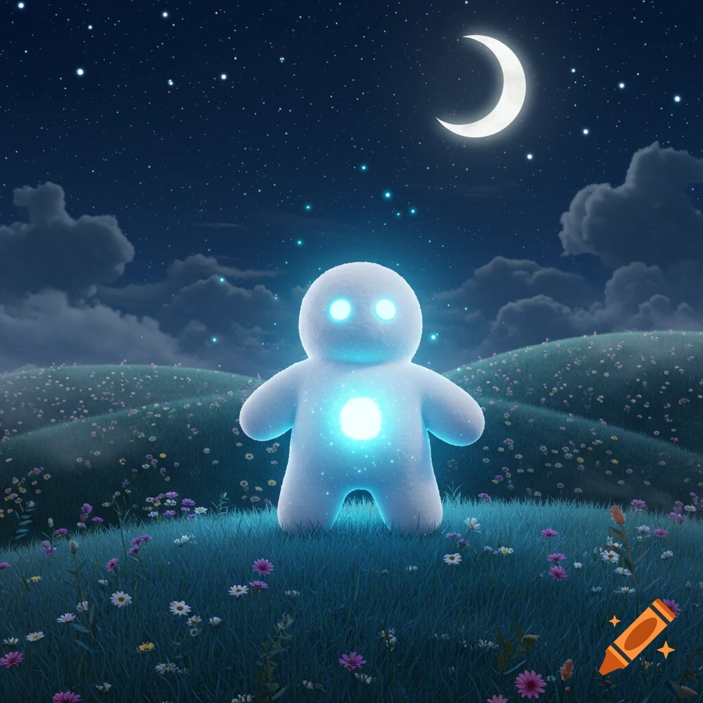 A glowing white fluffy cartoon character stands on a grassy hillside at night under a crescent moon and starry sky.