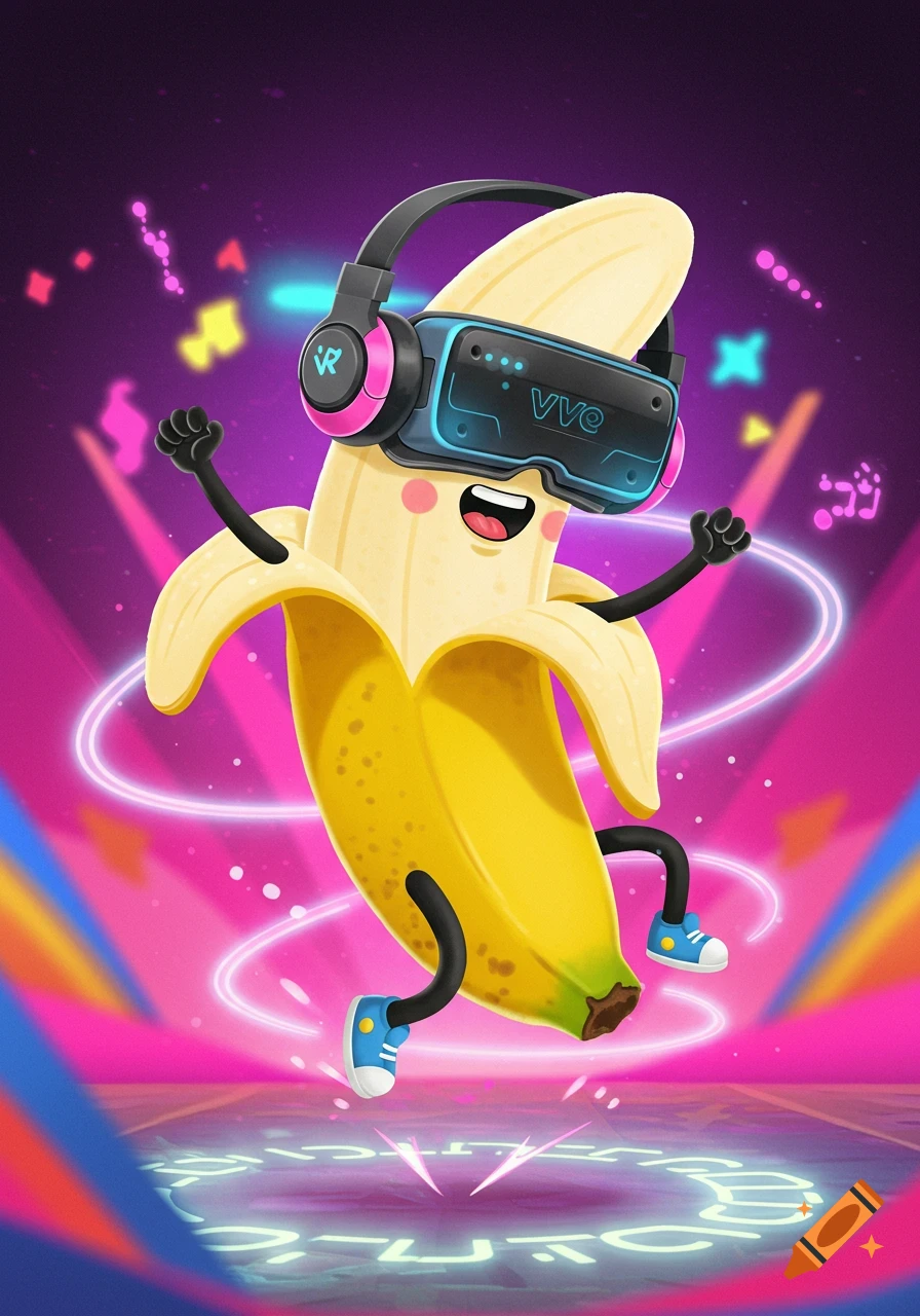 A happy cartoon banana wearing a VR headset and headphones, dancing in a vibrant neon-lit virtual reality world.