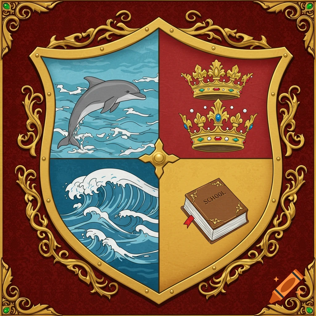 A royal shield crest with four sections: a dolphin, two crowns, ocean waves, and a book titled 'SCHOOL'.
