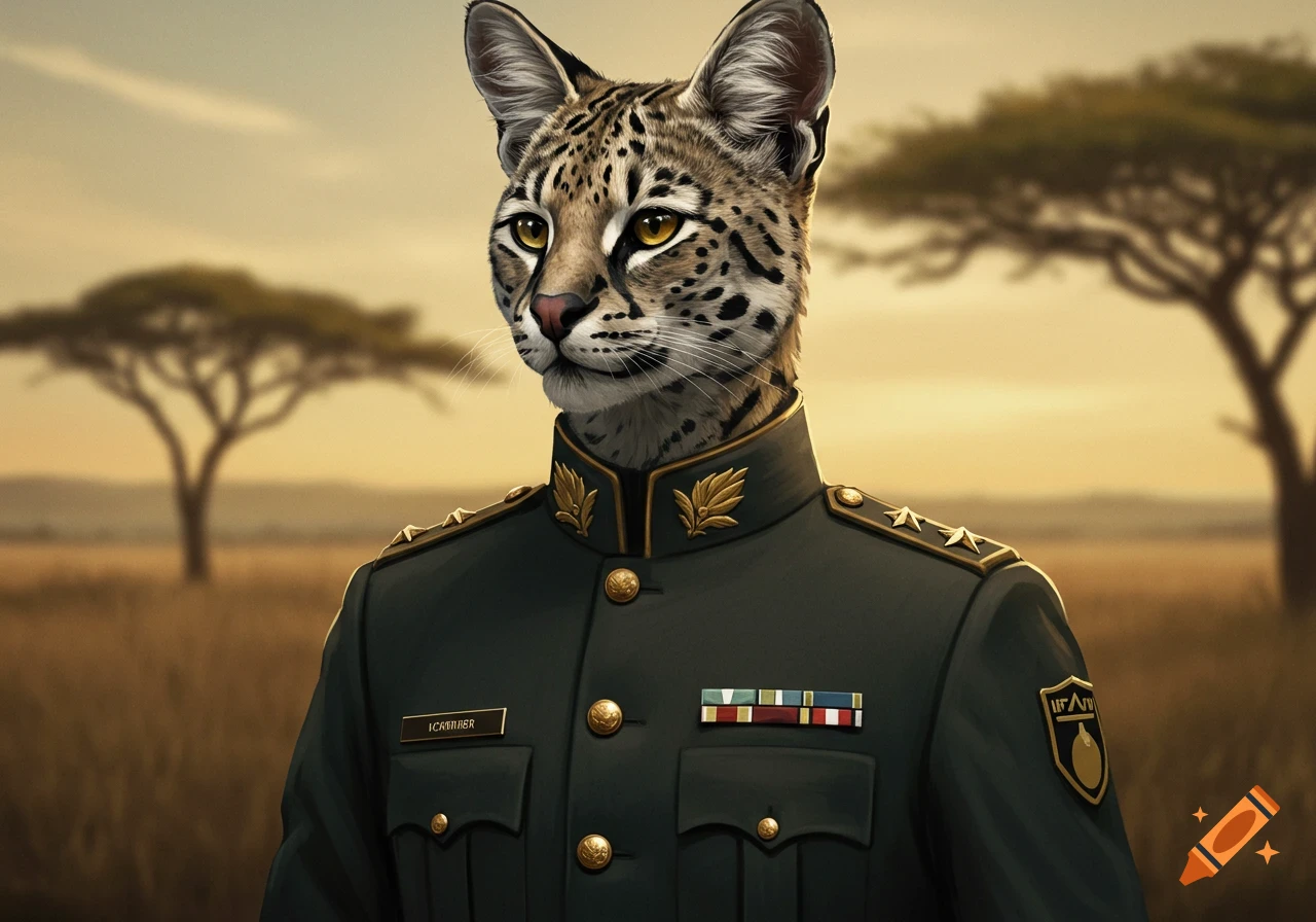 A photorealistic anthropomorphic savannah cat in a military uniform, standing in a golden savannah landscape at sunset.