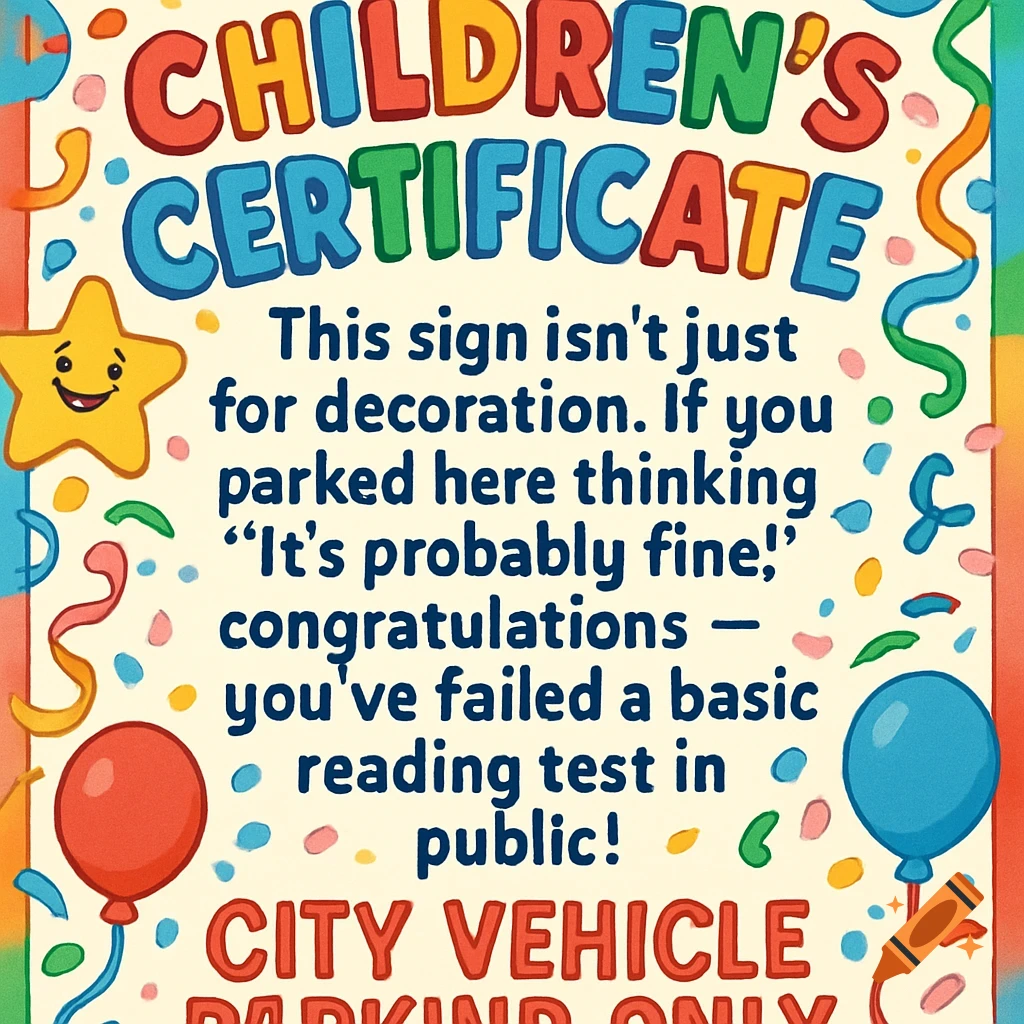 Colorful, humorous certificate with bold text, balloons, and confetti, parodying a child's award.