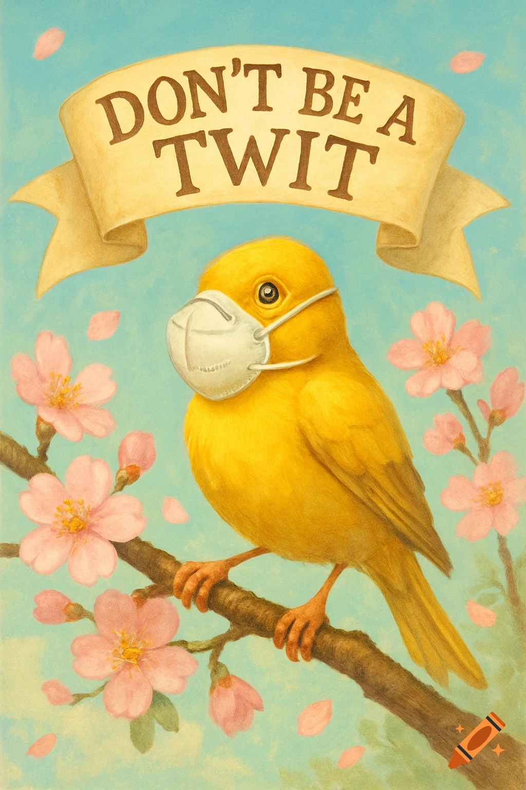 A yellow canary wearing a white N95 mask perches on a cherry blossom branch. A banner above reads 'DON'T BE A TWIT'.