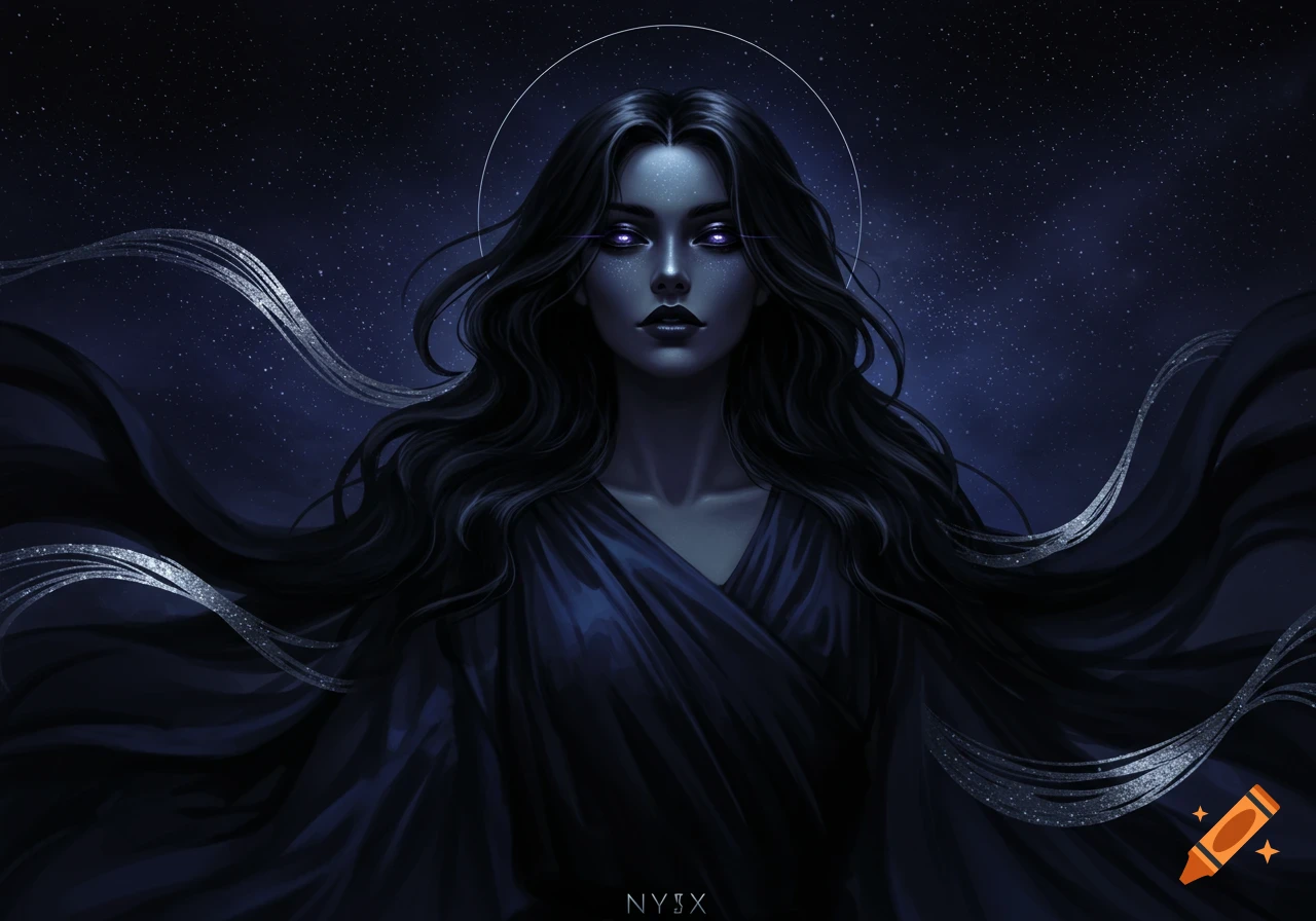 A striking digital illustration of a dark-haired woman with glowing purple eyes and a halo, against a starry night sky.