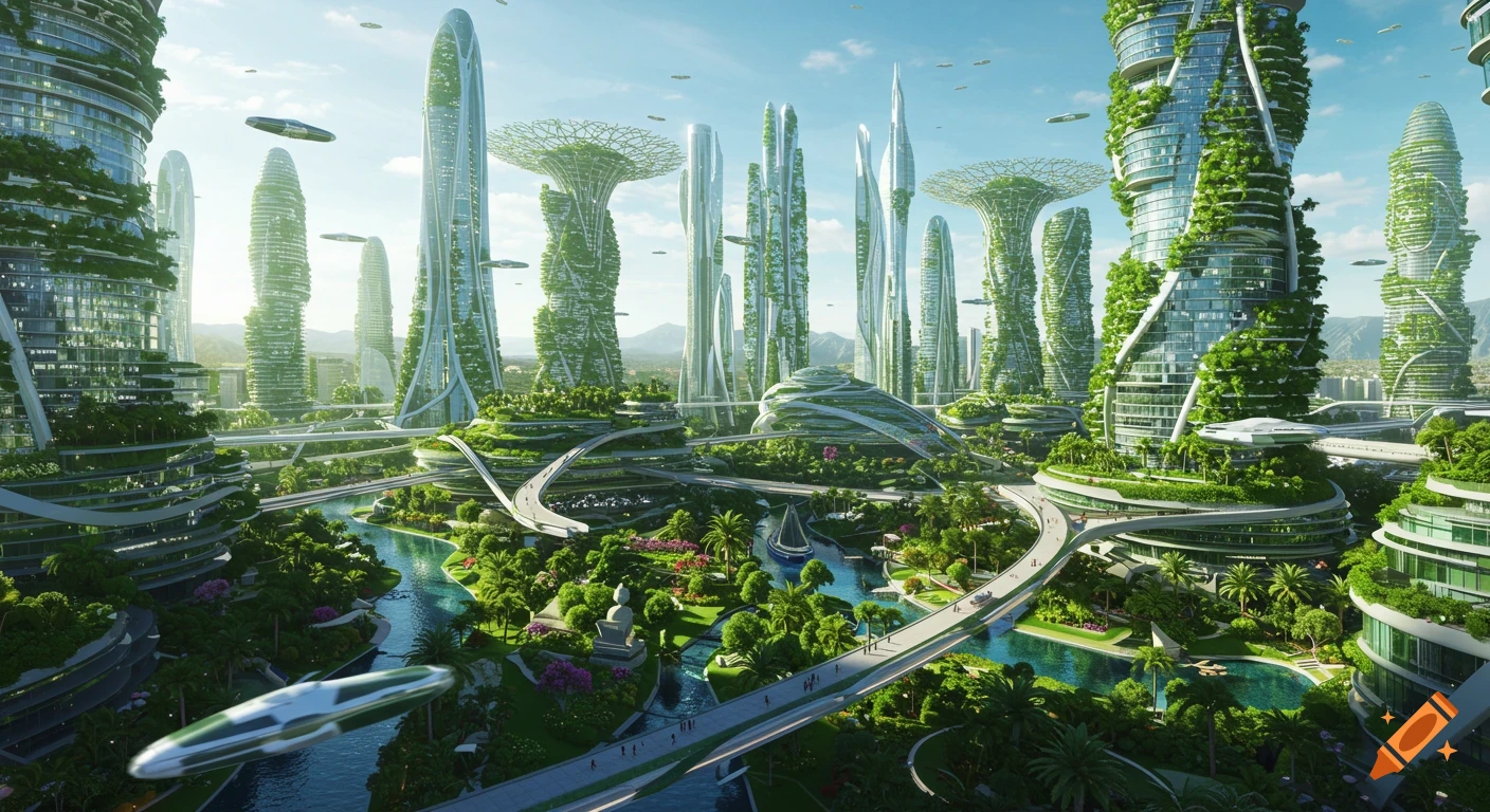 Panoramic hyperrealistic view of a green futuristic city with organic skyscrapers, elevated roads, rivers, and flying vehicles.