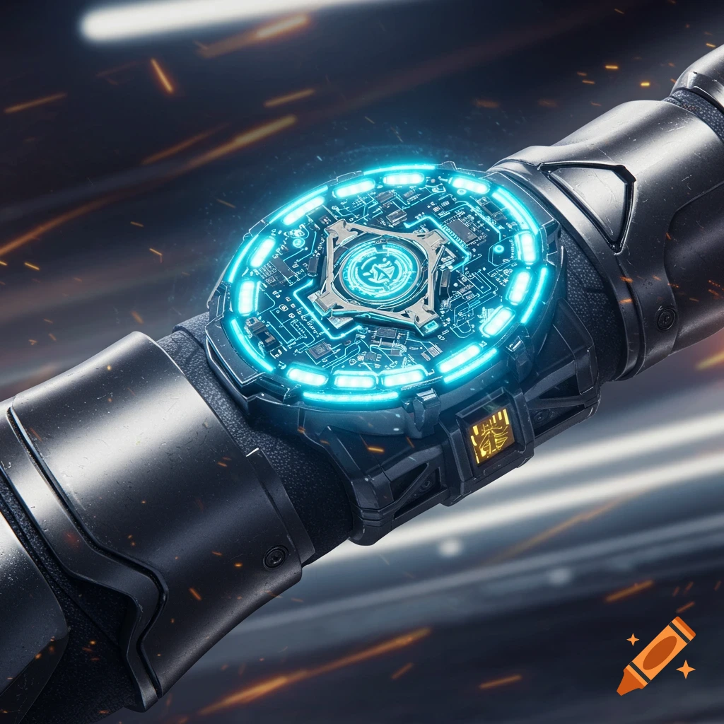 A close-up of a futuristic black wrist device with a glowing blue circuit board and intricate metallic details.