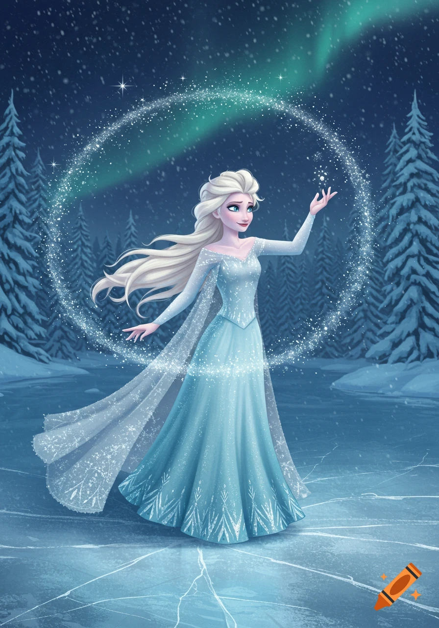 An Elsa-like character in a blue gown, casting ice magic in a snowy forest under the northern lights. Digital illustration.